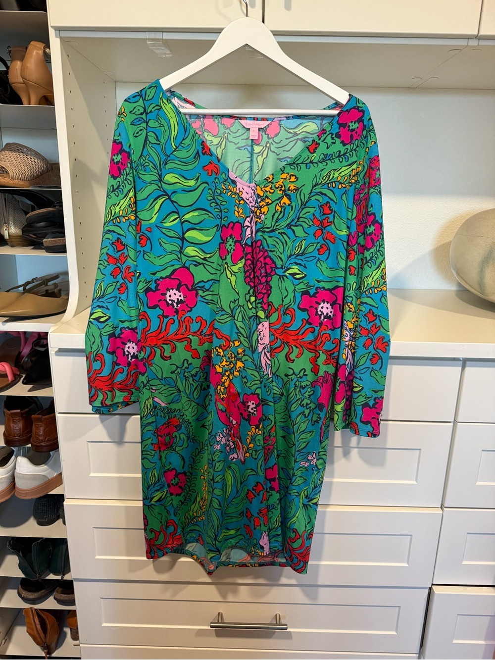 Lilly Pulitzer Green Floral Midi Dress with Pink & Blue Accents